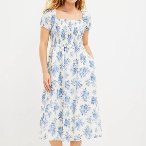 LOFT Floral Smocked Puff Sleeve Midi Pocket Dress